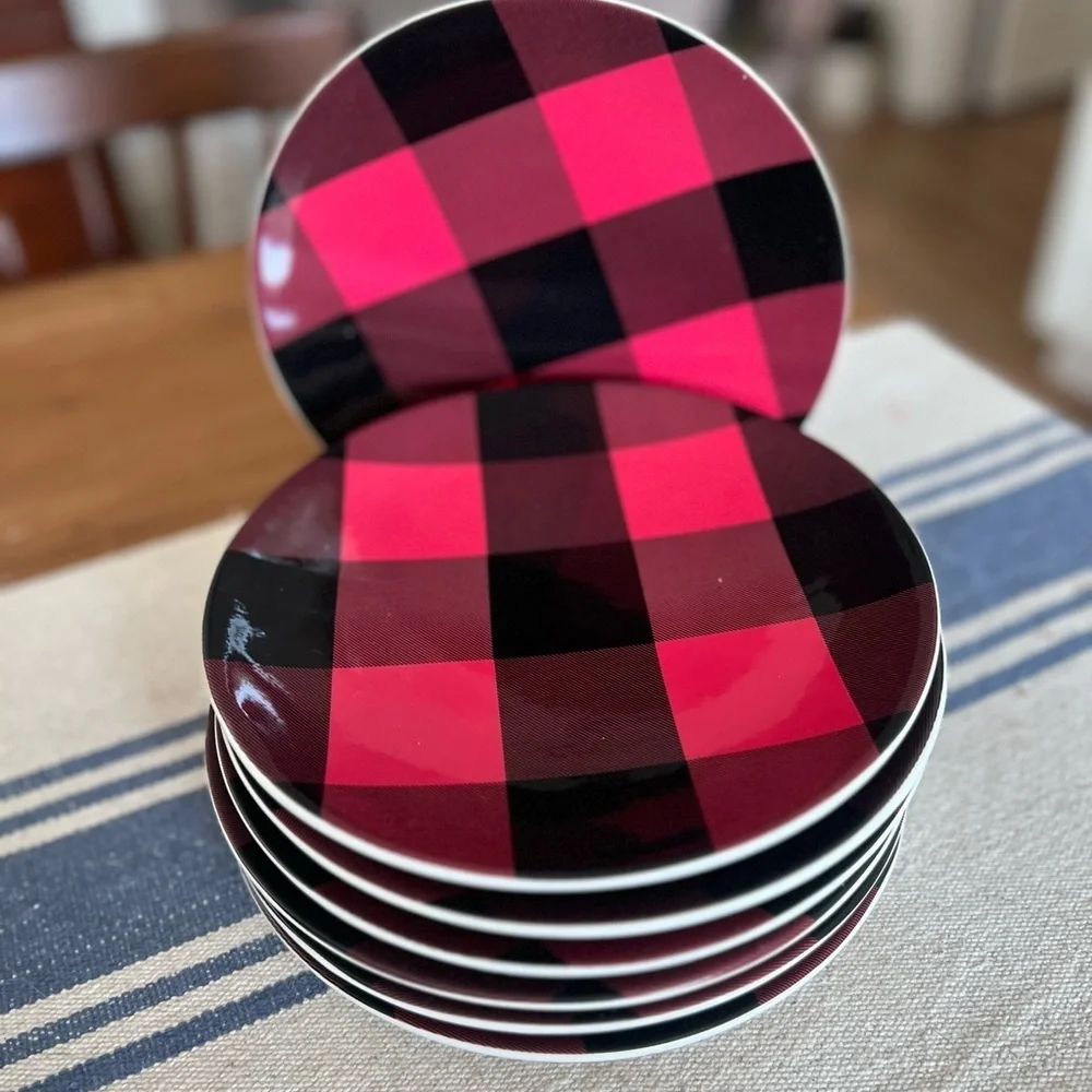 Set of 7 Pottery Barn Buffalo Plaid Check Red & Black Stoneware Salad Plates